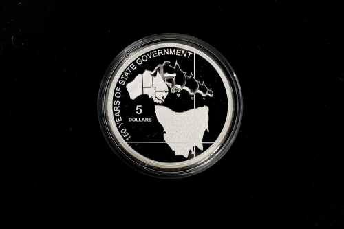 2006 Tasmania 150 Years of State Government fine 0.999 silver proof $5 coin, 36.31 grams