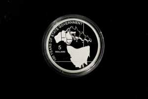 2006 Tasmania 150 Years of State Government fine 0.999 silver proof $5 coin, 36.31 grams