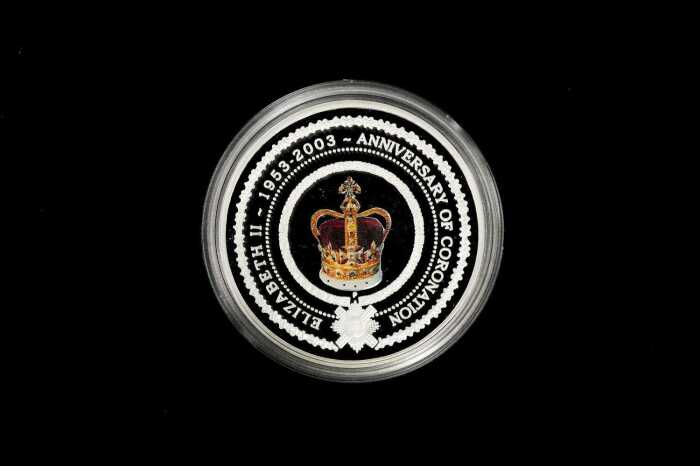 2003 Queen Elizabeth II Golden Jubilee of Coronation $1 0.999 silver proof-like coin, 1 troy ounce