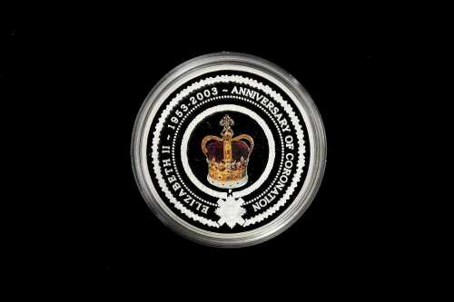 2003 Queen Elizabeth II Golden Jubilee of Coronation $1 0.999 silver proof-like coin, 1 troy ounce