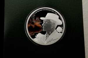 2014 Remembering AB "Banjo" Patterson $1 silver proof coin, 1 troy ounce, and four stamps - 2