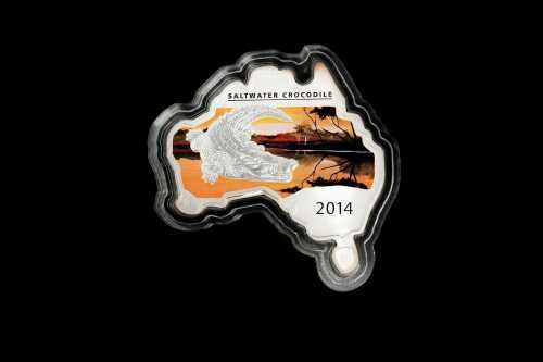 2014 Australian Map Shaped Crocodile $1 0.999 silver coin, 1 troy ounce