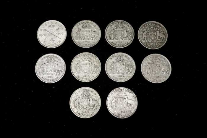 Ten Australian pre-decimal silver Florins