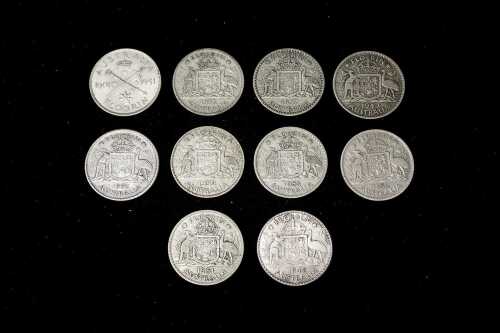 Ten Australian pre-decimal silver Florins