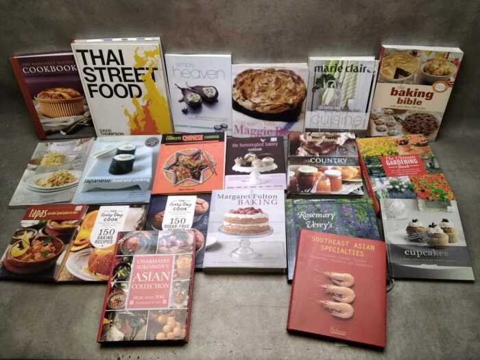 Cookbook and gardening reference books, including Margaret Fulton Baking