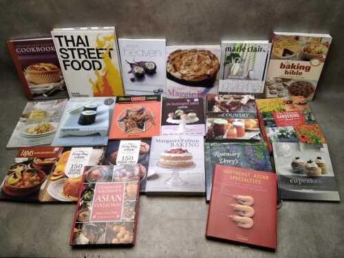 Cookbook and gardening reference books, including Margaret Fulton Baking