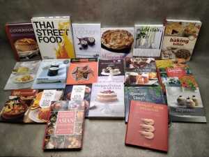 Cookbook and gardening reference books, including Margaret Fulton Baking