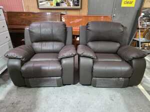 Pair of brown leather reclining armchairs - 6