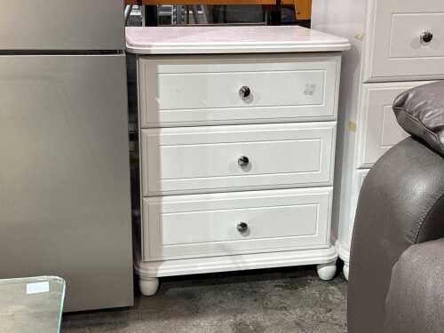 White painted three-drawer bedside table