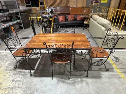 Five piece wrought-iron and timber patio dining set