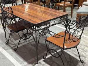 Five piece wrought-iron and timber patio dining set - 2