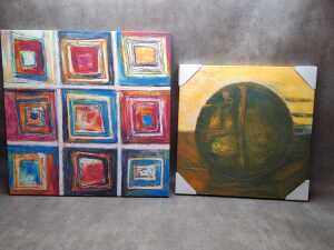 Two abstract prints on canvas in warm and bright tones