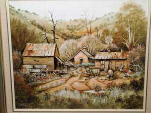 Ian J. Stephens (1946- ), Cows at the Dairy - Gundowring Area, oil painting on board - 2