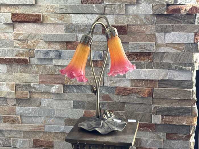 Twin branch glass and brass table lamp with pink and orange lily shades