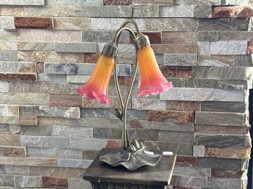 Twin branch glass and brass table lamp with pink and orange lily shades