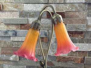 Twin branch glass and brass table lamp with pink and orange lily shades - 2