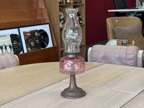 Antique Venus No. 2 kerosene lamp with brass base and hand-painted glass bowl