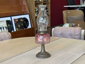 Antique Venus No. 2 kerosene lamp with brass base and hand-painted glass bowl