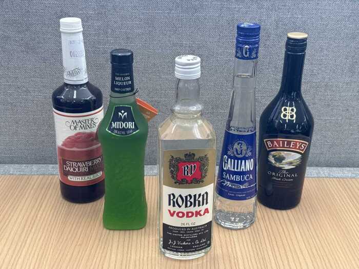 Mixed spirits, liqueurs and cocktail mixer, five bottles