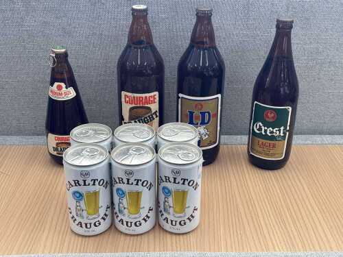 Mixed vintage beer, ten bottles and cans