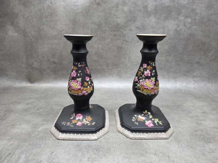 Pair of antique Adams ceramic candlesticks