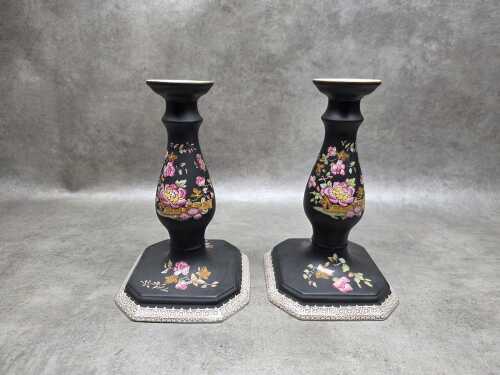 Pair of antique Adams ceramic candlesticks
