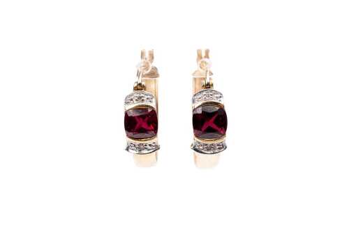 A pair of synthetic ruby and diamond hoops in 9 carat yellow gold