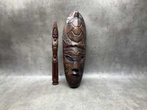 Carved timber decorative items, including masks, wall panels, spears - 3