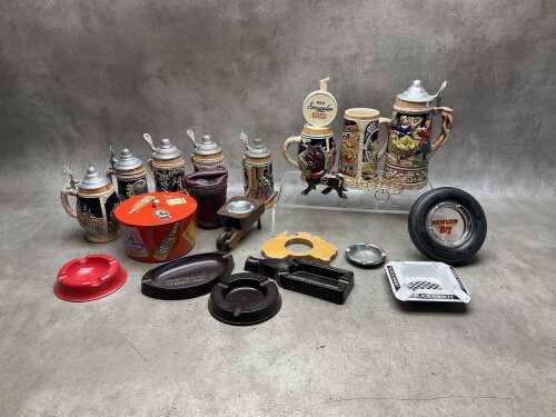 Barware, including bakelite ashtrays, beer steins