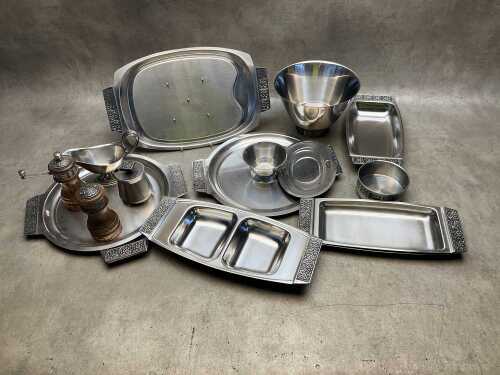 Group of stainless steel including platters