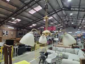Three brass pendant lights with frosted glass shades - 2