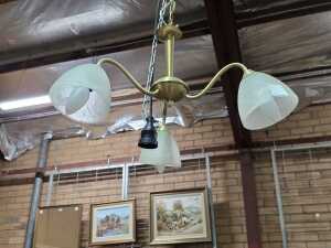 Three brass pendant lights with frosted glass shades - 3