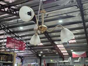 Three brass pendant lights with frosted glass shades - 4