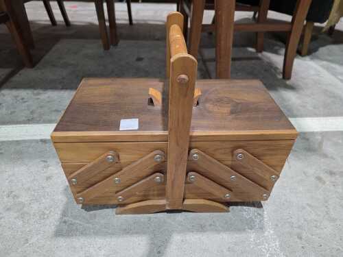 Timber cantilever sewing box with assorted haberdashery