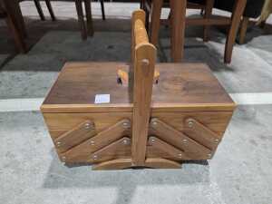 Timber cantilever sewing box with assorted haberdashery