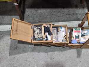 Timber cantilever sewing box with assorted haberdashery - 3