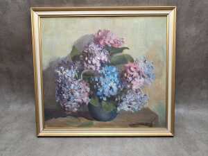 Arnold Holst (1897-1976), still life of hydrangeas. Oil painting on board