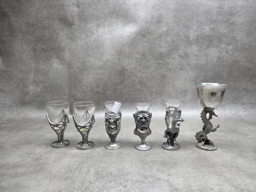 Six pewter fantasy goblets including Graeme Anthony