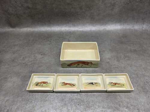 Royal Doulton 'Fox Hunting' porcelain series ware cigarette box with set of four ashtrays