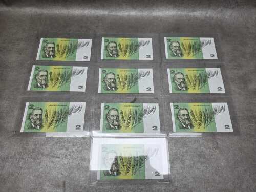 Ten consecutive, uncirculated Australian Johnston/Fraser $2 paper banknotes