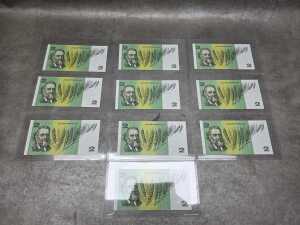 Ten consecutive, uncirculated Australian Johnston/Fraser $2 paper banknotes
