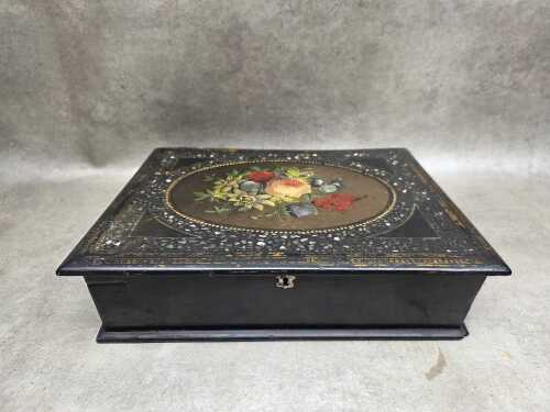 Antique ebonised timber writing slope with mother-of-pearl inlay and hand-painted floral cameo