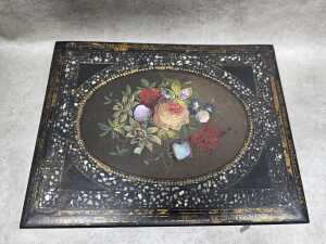 Antique ebonised timber writing slope with mother-of-pearl inlay and hand-painted floral cameo - 2
