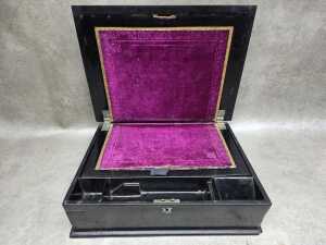 Antique ebonised timber writing slope with mother-of-pearl inlay and hand-painted floral cameo - 3
