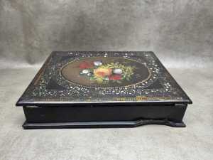 Antique ebonised timber writing slope with mother-of-pearl inlay and hand-painted floral cameo - 4