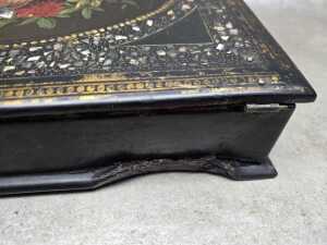 Antique ebonised timber writing slope with mother-of-pearl inlay and hand-painted floral cameo - 5