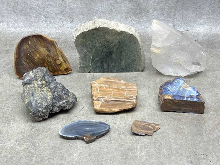 Mineral specimens, including Boulder Opal and Clear Quartz