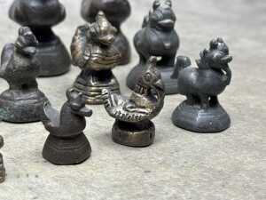Antique Burmese metal opium weights surmounted by various animal figures - 5