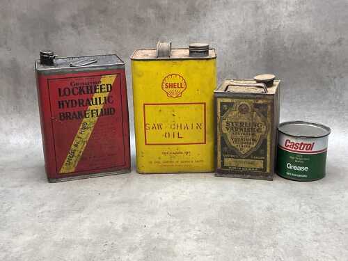 Four oil and varnish tin cans, including Shell Chain oil