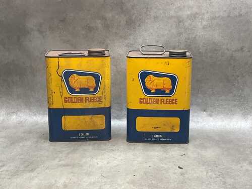 Two Golden Fleece 1-gallon petroleum tins